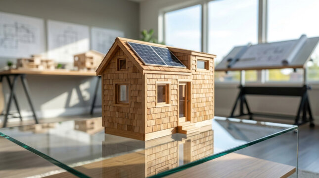 Tiny home model with solar roof in modern office, sustainable housing concept