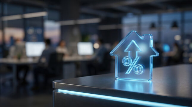 Mortgage refinancing strain loan rate house icon blue glow finance concept interest rate rising cost office background