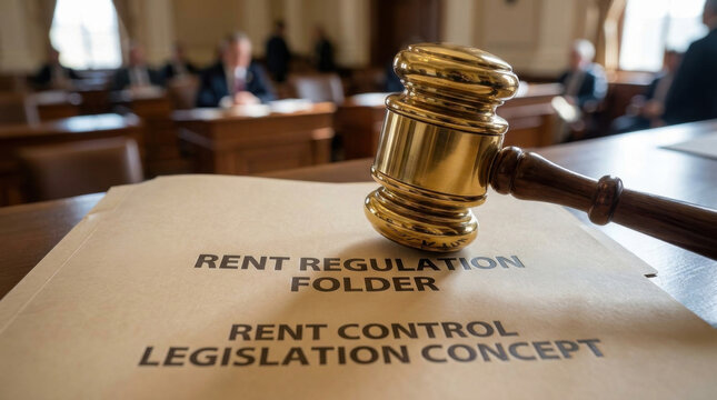 Rent regulation folder rent control legislation concept brass gavel court room legal file policy debate property law housing reform tenant rights