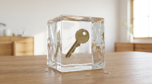 Glass ice cube key inside frozen block housing market freeze concept mortgage home house property real estate cold frozen market economy interest