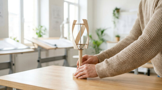 Micro generator wind turbine model on table in bright room, hands adjusting prototype with natural energy concept