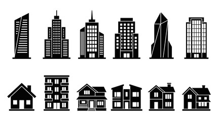 Obraz premium Black silhouette icons of skyscrapers and residential houses.