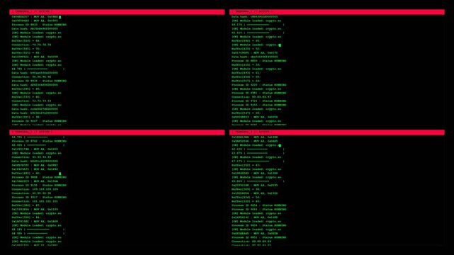 Source code snippets scrolling in multiple terminal windows with green text and highlight bars for software development tech background