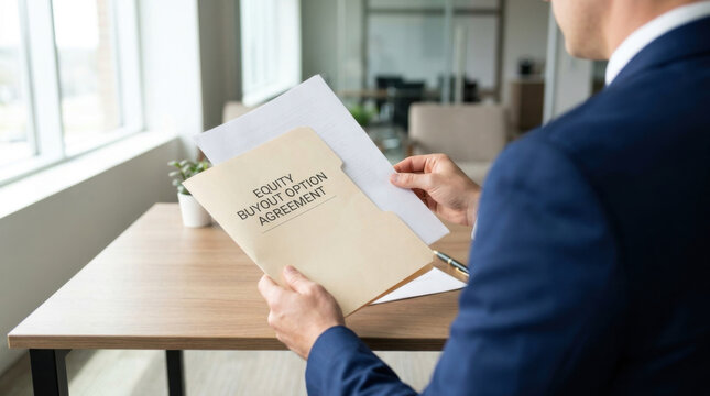 Equity buyout option agreement folder contract paper office table legal document review