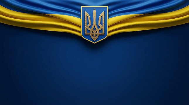National emblem Ukraine flag and golden coat of arms trident on blue and yellow draped silk background for independence day celebration