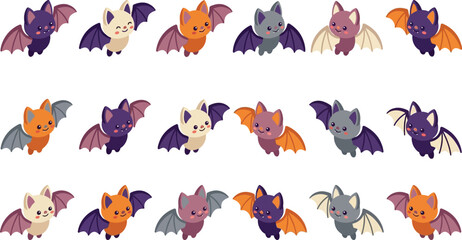Obraz premium Set of cute colorful cartoon bats flying in different poses for halloween party decoration Vector