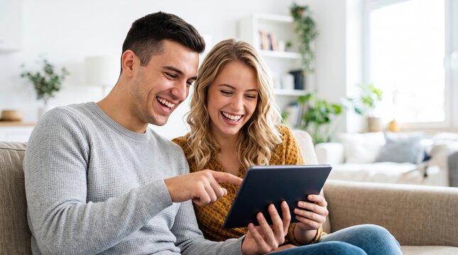 A young couple sits on a couch in their living room. They share a moment as they look at a tablet and smile at each other. Sunlight shines through the windows