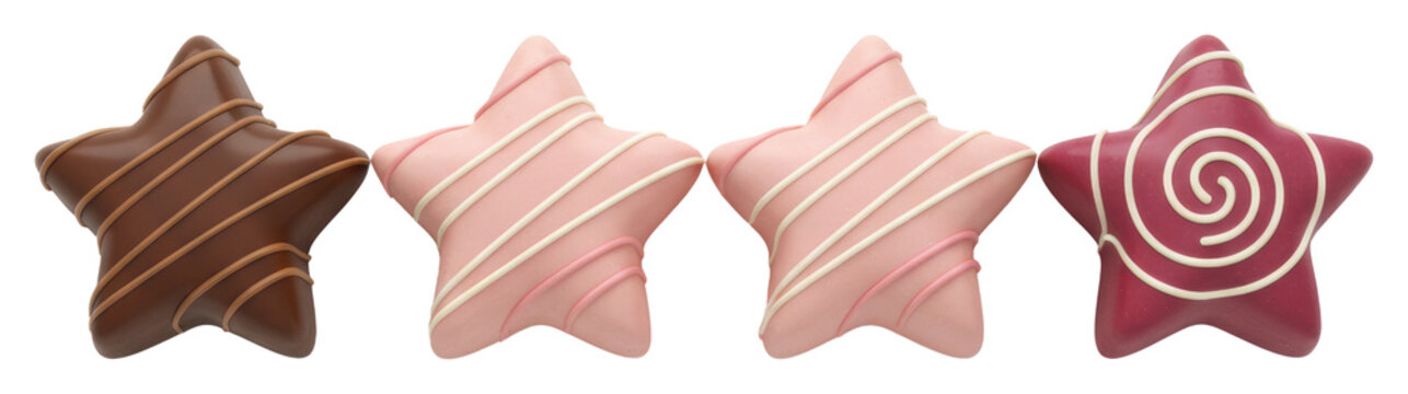 Five gourmet star-shaped pralines in milk and pink chocolate arranged in a horizontal line on a white background luxury artisanal sweets concept