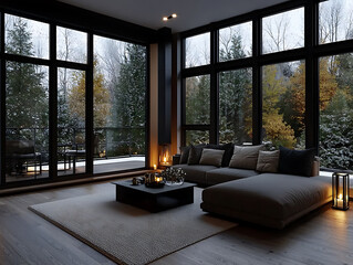 Fototapeta premium Cozy modern living room with large windows overlooking a snowy forest landscape