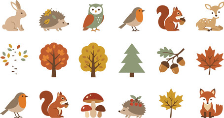 Obraz premium Set of cute forest animals and woodland plants in a flat vector style for design projects Vector