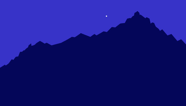 Minimalist vector graphic illustration showcasing deep blue mountain silhouettes against a flat solid background with one small bright white star