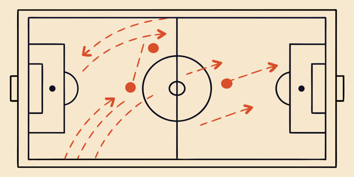 Soccer field tactical diagram showing strategic movement patterns and passing lines in a clean minimal vector graphic design style illustration