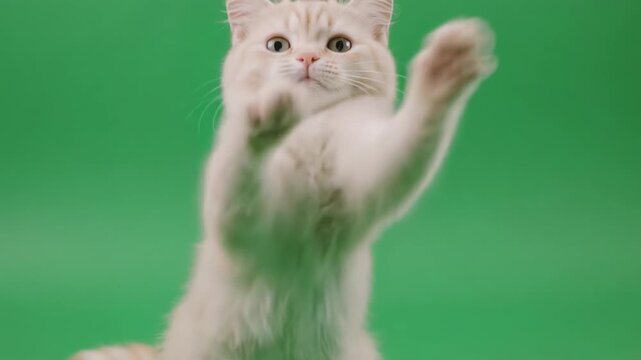 Playful Kitten Waving Hello on Green Screen with Gentle Camera Rise