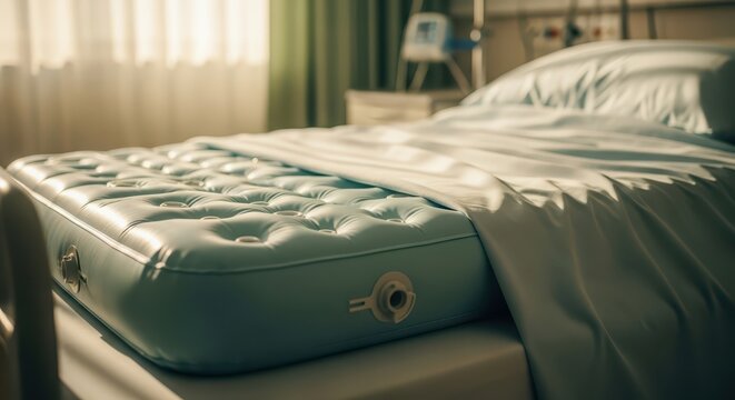 Hospital bed with specialized air mattress for patient comfort and pressure sore prevention, bathed in soft sunlight.