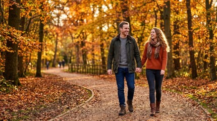 Fototapeta premium Couple Holding Hands Walking in Autumn Forest Path with Colorful Foliage