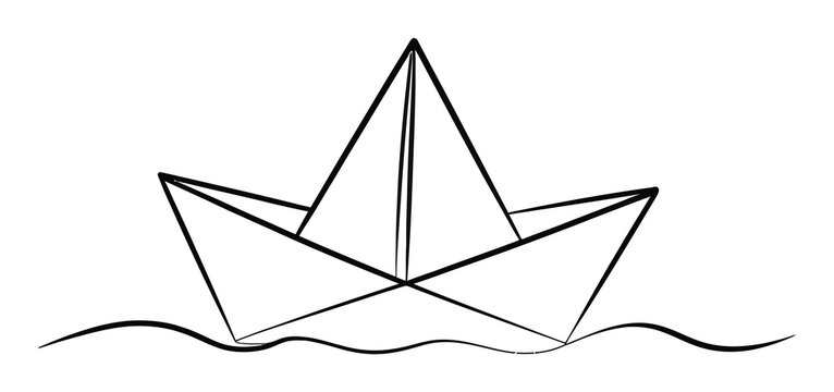 Dibujo sencillo a mano de un cl&aacute;sico barco de origami sobre el agua