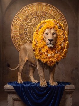 Surreal Majestic Leo Lion with Yellow Floral Mane and Golden Sun Halo