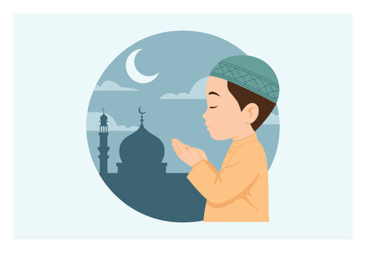 Un ni&ntilde;o musulm&aacute;n rezando con la silueta de una mezquita al fondo