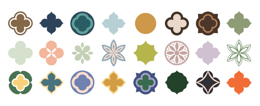 Old mosque window icon set, Arabic arch frames and decorative borders featuring traditional Islamic architecture, geometric patterns and cultural design elements, vector illustration.