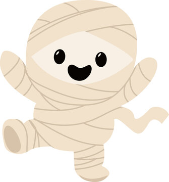 Cute Halloween Mummy Flat Vector Illustration, Happy Spooky Cartoon Character