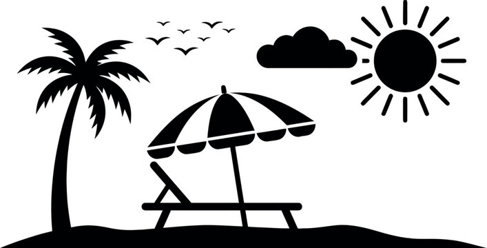 Beach Scene Silhouette With Palm Tree Sun And Beach Chair