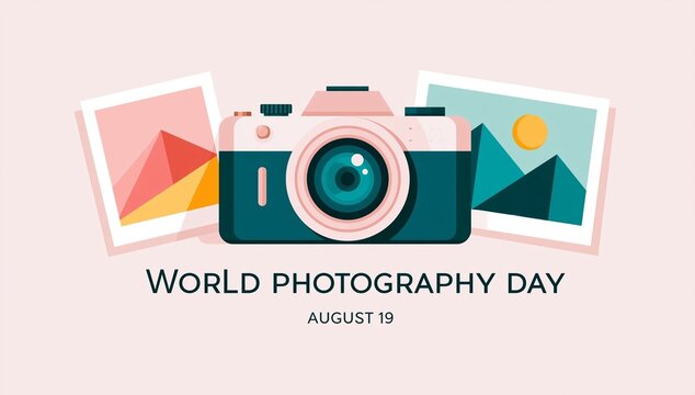 World Photography Day August 19 Modern Camera Illustration with Mountains