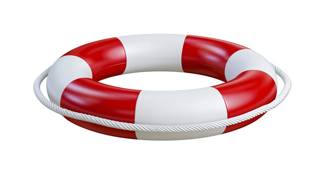 Red and white lifebuoy with rope