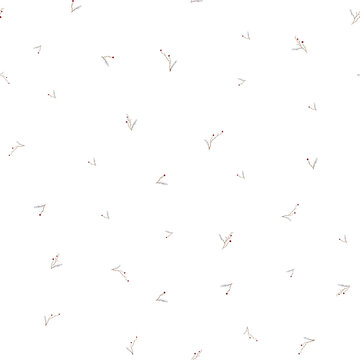 Minimalist botanical Christmas wallpaper featuring red berries on sparse branches against a white background. Seamless tiny print or pattern for children's decor or quilting.