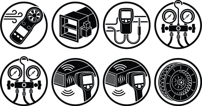 HVAC testing and measuring equipment vector icon set in black circular style