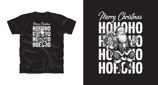 Merry christmas hohoho t-shirt design featuring santa claus with gifts.