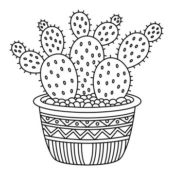 L&iacute;nea en blanco y negro de un cactus de nopal en maceta