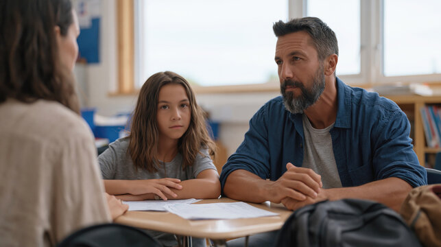 Stepfather joins his stepchild at a parent-teacher conference, reviewing a report card with the teacher and showing sincere involvement in a bright classroom.