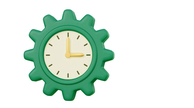 Green gear clock with yellow hands showing 3 o clock