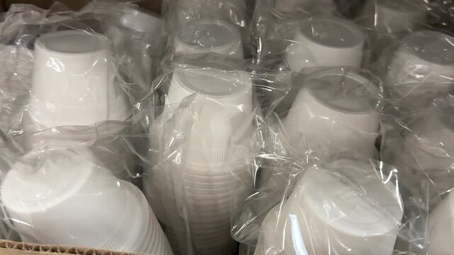 Packed white disposable containers are arranged for sale in a large retail store, providing practical packaging for food storage, takeaway meals, catering and convenient everyday use. Close up.