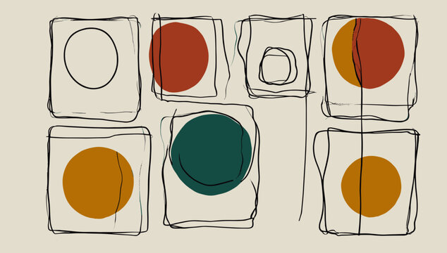 Modern abstract art featuring irregular outlined squares containing solid colored circles in a minimalist style.