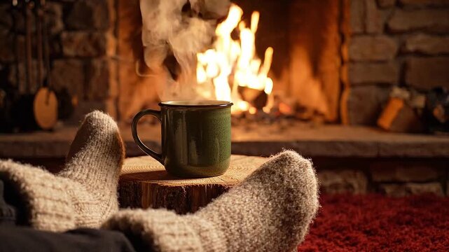 Cozy scene of warm feet in knitted socks resting on a wooden stump beside a steaming mug and a crackling fireplace in a rustic living room setting