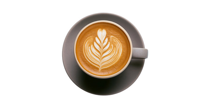 Cappuccino coffee with latte art leaf pattern in gray cup and saucer