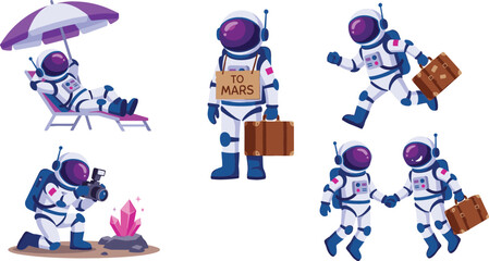 Naklejka premium Funny astronaut travel vector elements set featuring cosmonaut characters relaxing on beach chair hitchhiking taking photos and running with suitcase