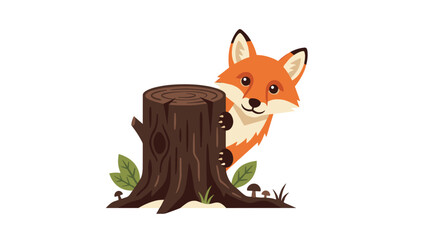Fototapeta premium Cute Red Fox Peeking From Tree Stump Detailed Vector Graphic