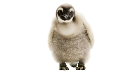 Fluffy emperor penguin chick with dark markings on head © Andrei