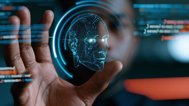Programmer hand holding AI agent hologram for intelligent software application development