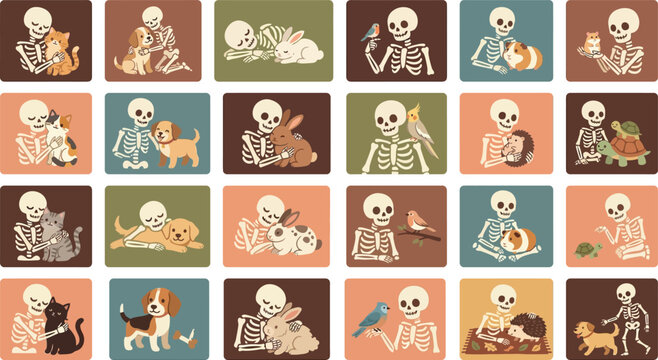 Set of cute skeleton characters interacting with various dogs and cats in colorful squares Vector