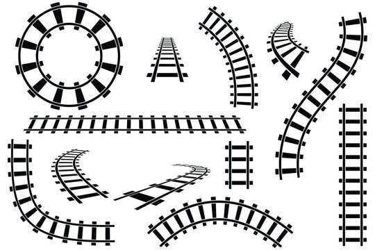 Railway icon set. Railway tracks train curved silhouette. Vector isolated on white.