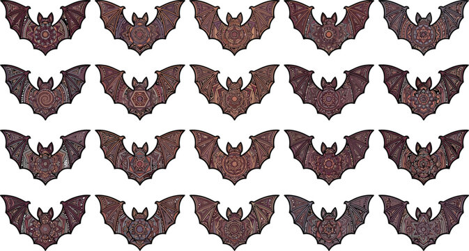 Set of dark vampire bat icons with red wings in a repeating pattern for halloween decoration Vector
