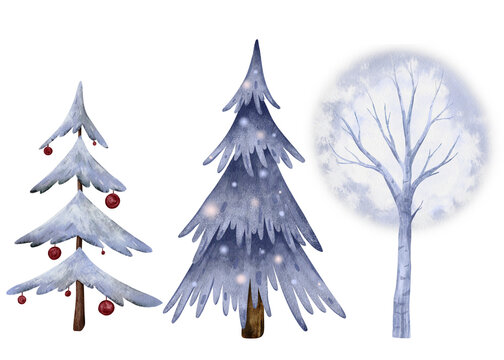 Watercolor Scandinavian collections stylized bare trees. Hand drawn winter illustration pine trees with red balls and fir trees in festive lights. Elements for Christmas and holiday projects