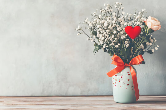Delicate floral arrangement with a red heart and orange ribbon for Valentine's Day