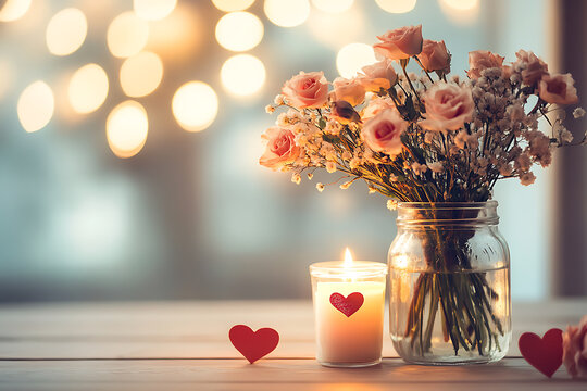 Romantic Valentine's Day corner with soft candlelight and pink roses