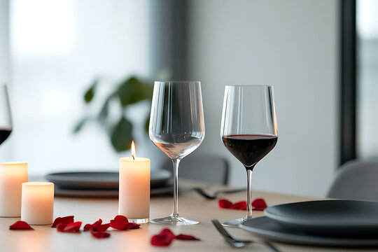 Romantic dinner table setting with wine, candles, and rose petals