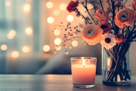 Warm candlelit Valentine corner with soft light and floral arrangement