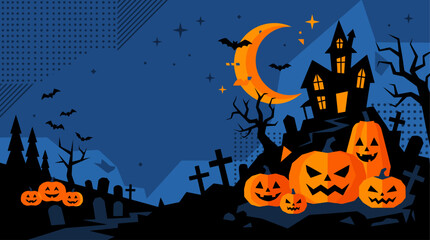 Fototapeta premium Spooky Halloween landscape with haunted house crescent moon graveyard and glowing carved pumpkins in dark blue flat vector style